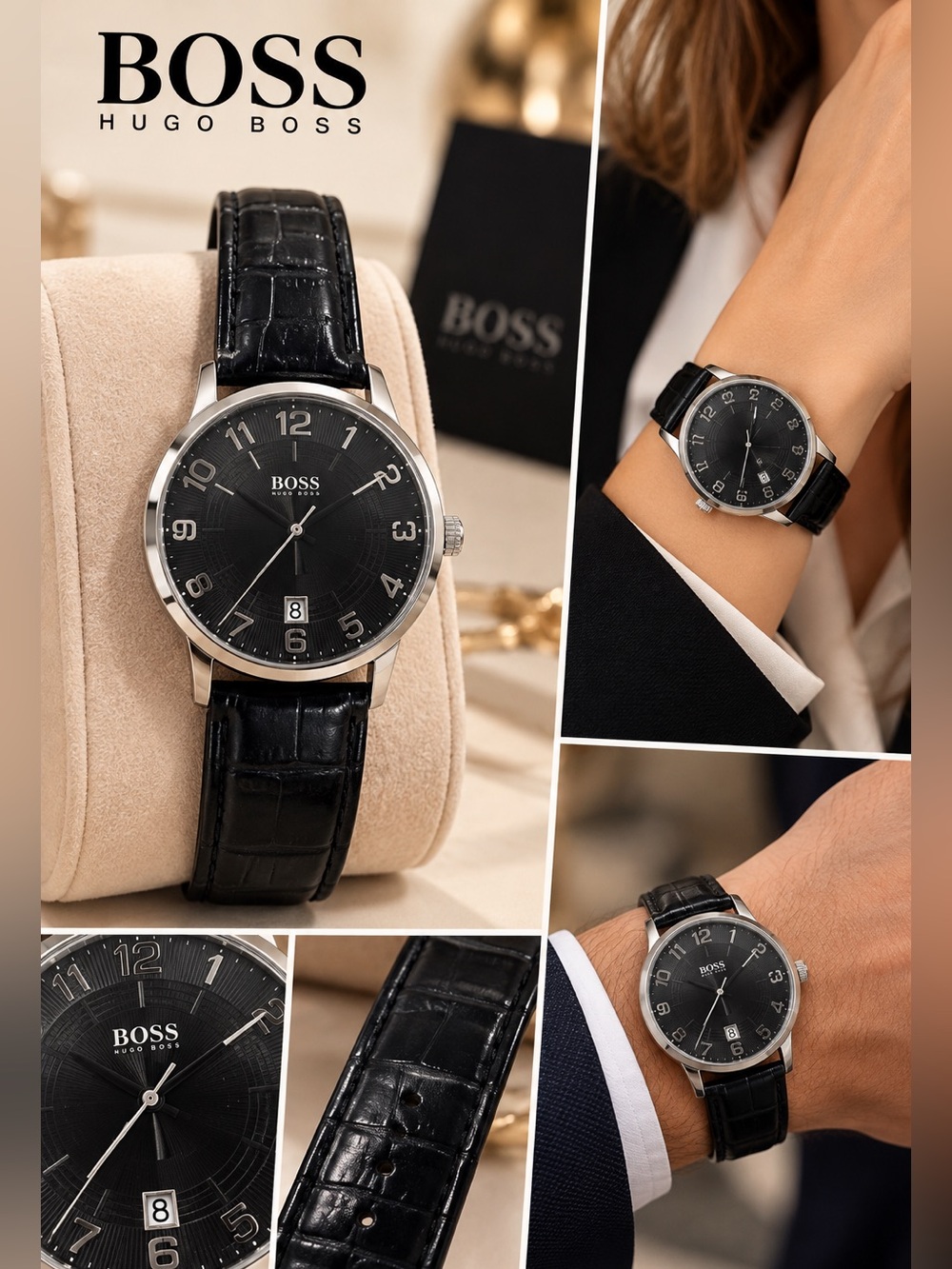 Hugo Boss Black Leather Strap Stainless Steel Case Watch - Silver Dial Back